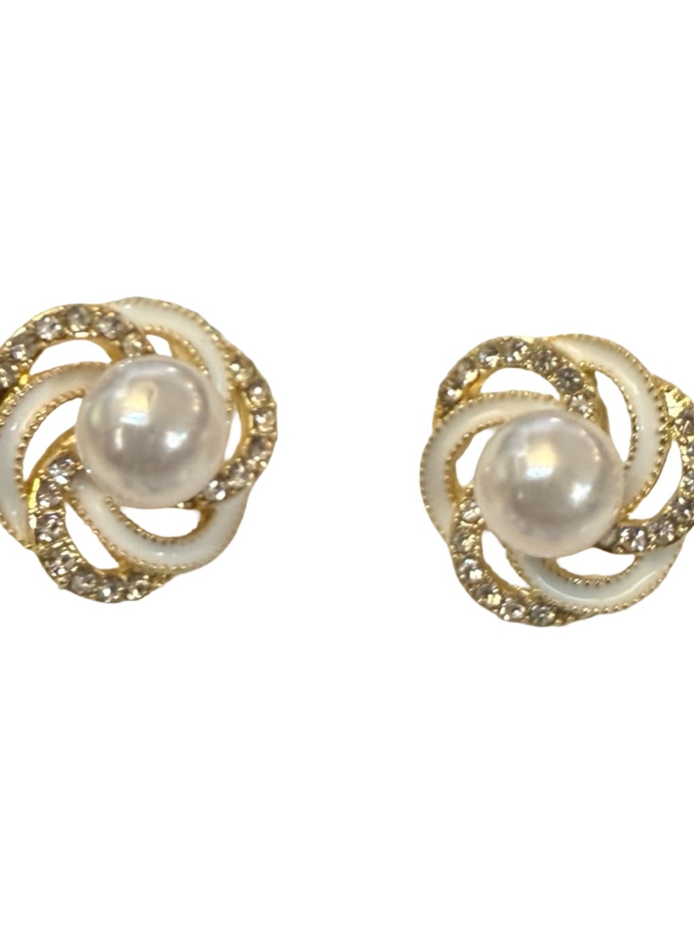 Boutique Pearl Rhinestone Gold Tone Swirl Stud Earrings White Enamel - Picture 4 of 7